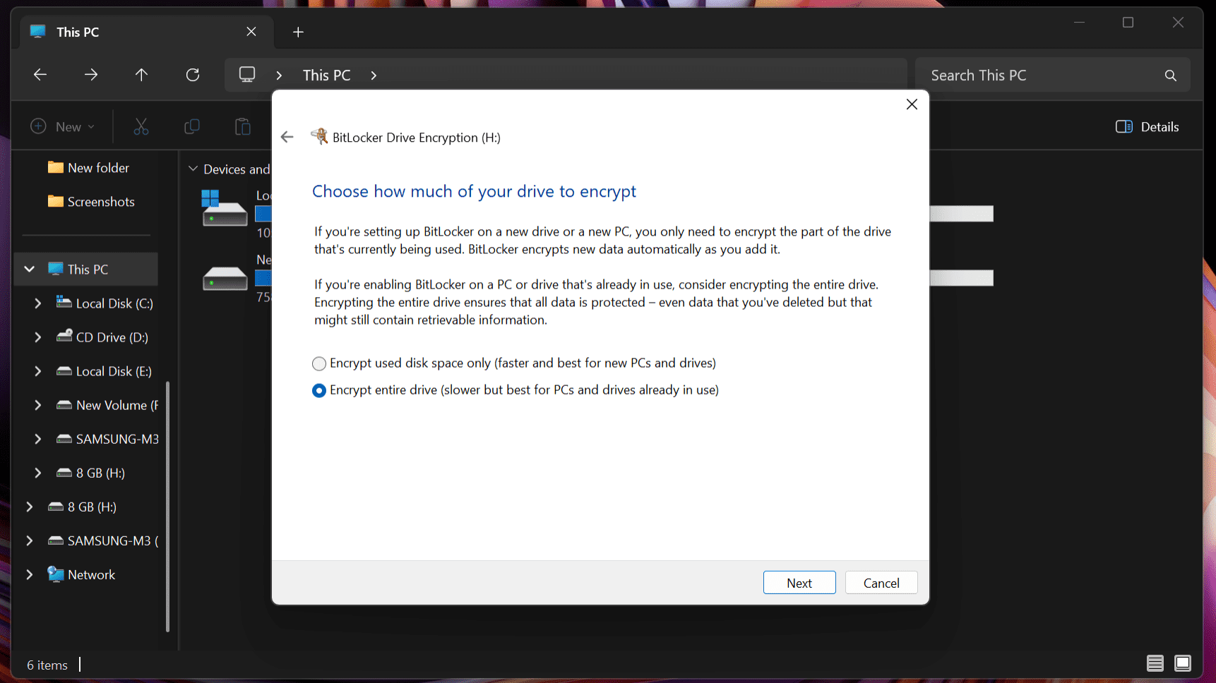 BitLocker screen for choosing how much of the drive to encrypt.