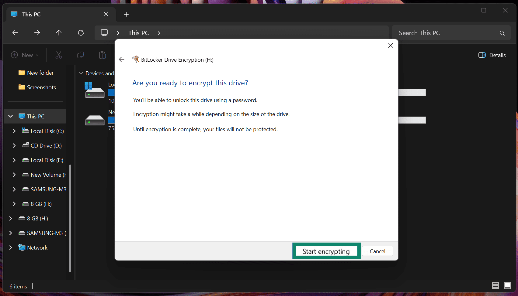 BitLocker confirmation screen before encrypting the flash drive with the Start encrypting button highlighted.