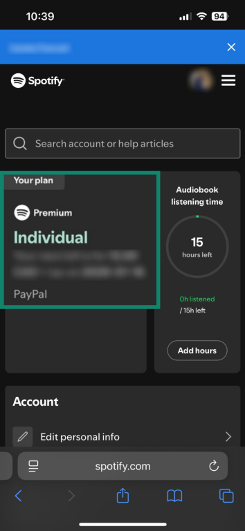 Screenshot showing indvidual Spotify subscription in web browser