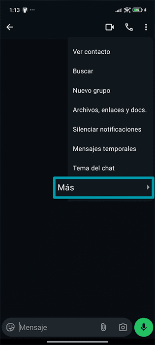 A screenshot of the WhatsApp app, showing the settings menu and More option.