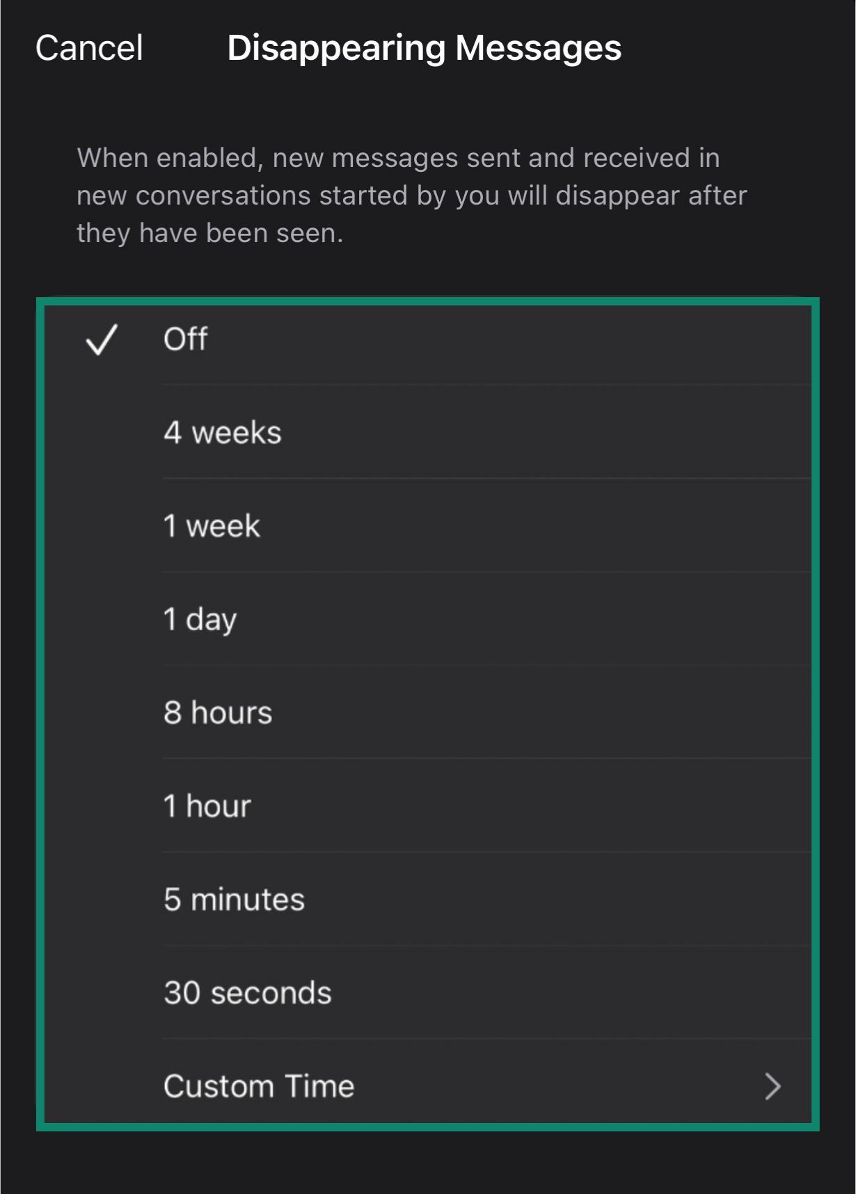 Signal disappearing messages screen with a range of durations to choose from.