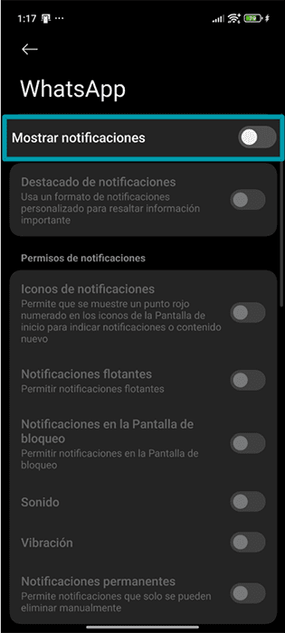 The notifications page for WhatsApp on Android, showing the option to toggle all notifications off.