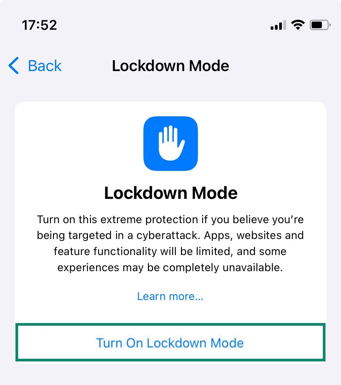 The Lockdown Mode activation screen on an iPhone.