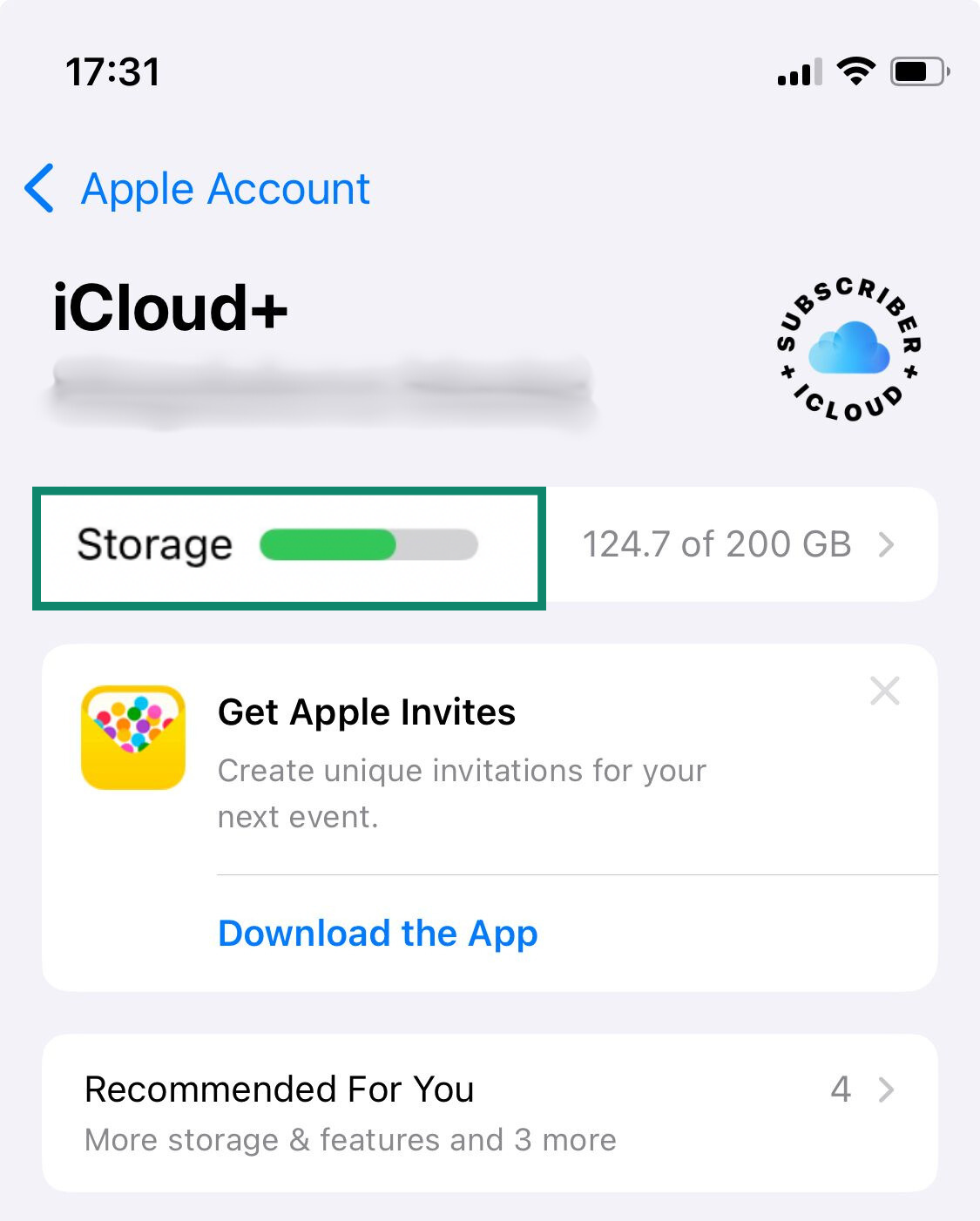 The iCloud+ storage settings on an iPhone.