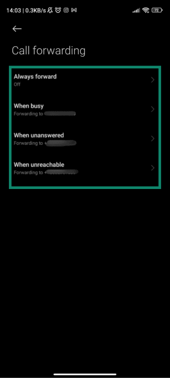 Phone app's call-forwarding settings.
