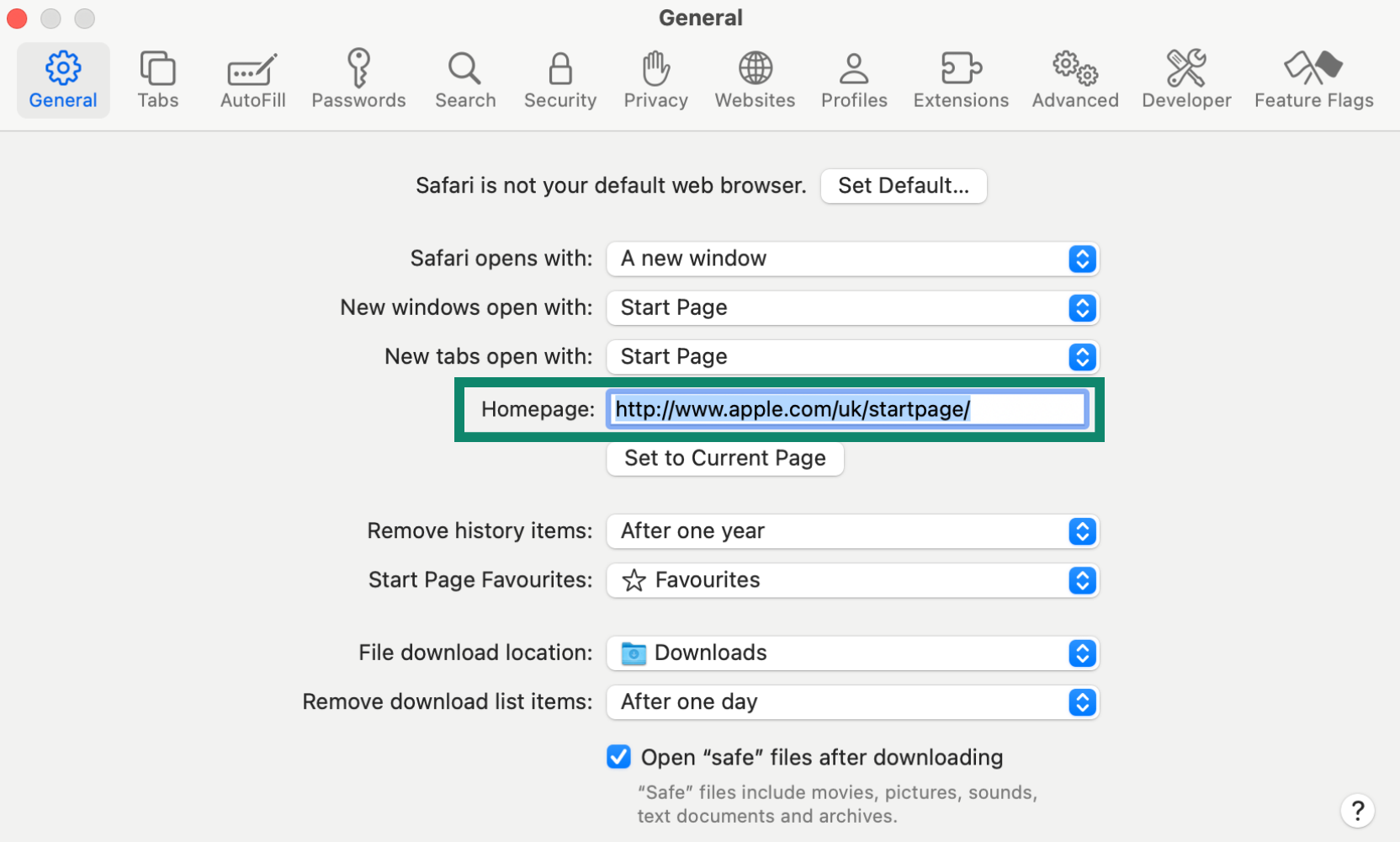 A screenshot of the General tab in the Safari settings, showing the option to change your homepage.