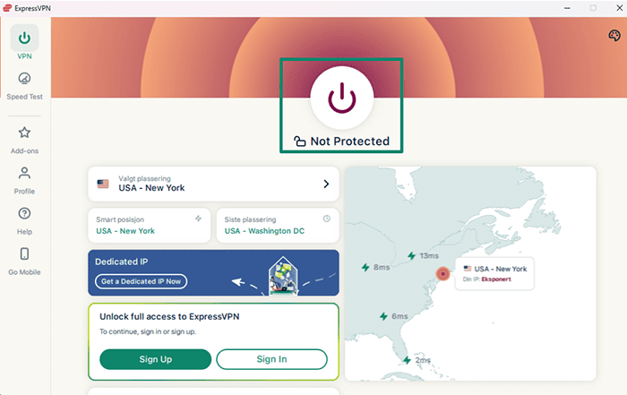 ExpressVPN's app on Windows, with a highlighted power button. 