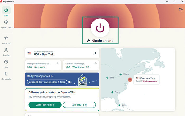 ExpressVPN's app on Windows, with a highlighted power button.