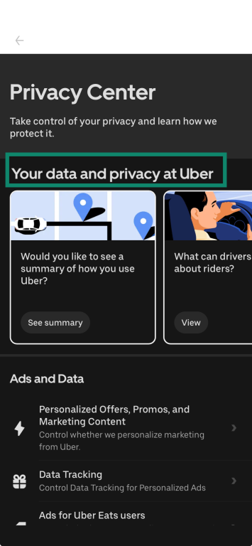 Uber privacy centre landing page on mobile.