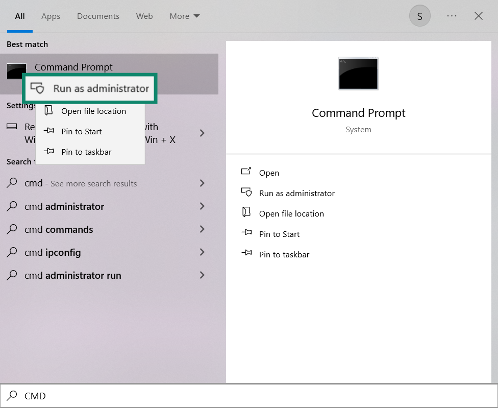 Windows Start menu highlighting Run as administrator for Command Prompt.