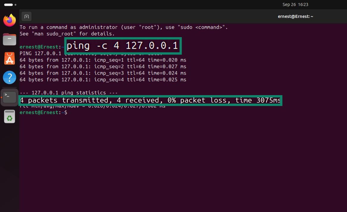 A Linux Terminal highlighting the command to ping an IPv4 loopback address.