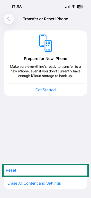 iOS Transfer or Reset iPhone screen.