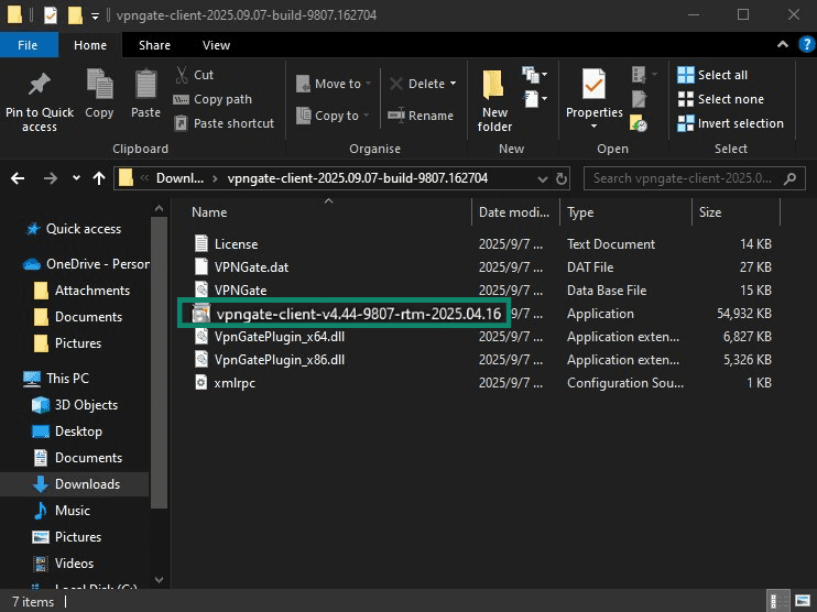 Download folder containing VPN Gate Client files with the installer highlighted.