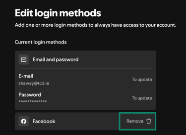 Screenshot of Spotify settings, removing Facebook under Edit login methods