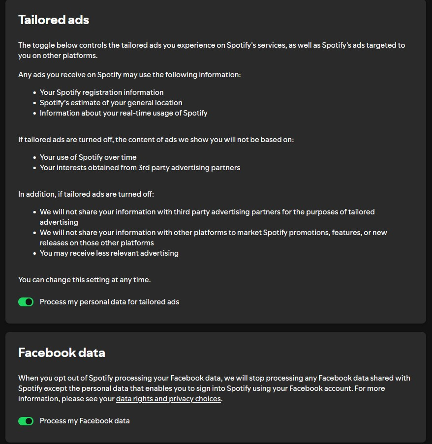 Spotify Account privacy settings, showing the toggles for Tailored ads and Facebook data.