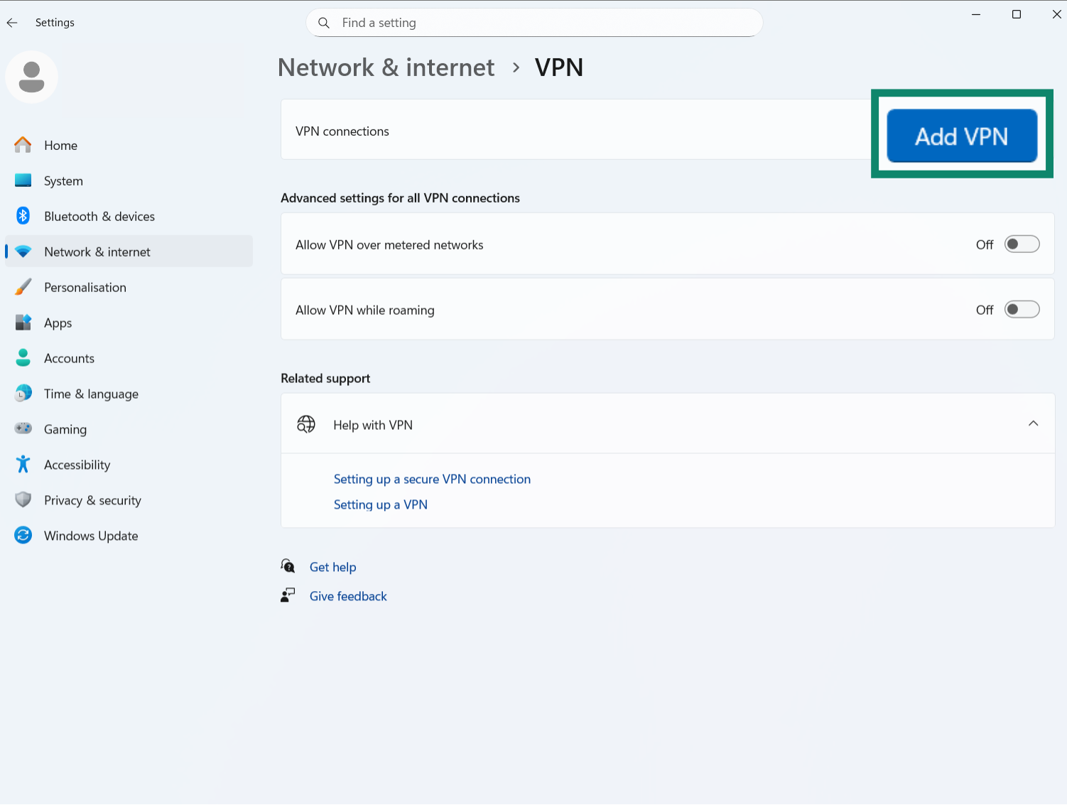 A screenshot of the Windows VPN settings screen, showing the button to add a new VPN connection.