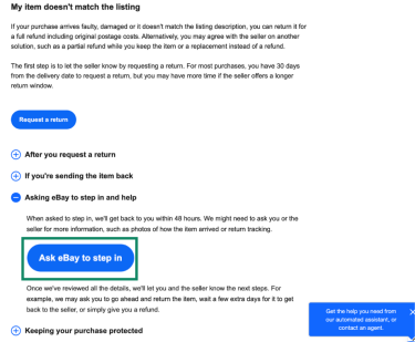 eBay returns page showing the “Ask eBay to step in” section, with the Ask eBay to step in button