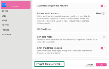Wi-Fi settings on macOS showing Forget This Network option.