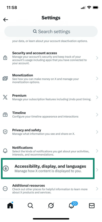 Accessibility, display, and languages option in the Twitter (X) app.