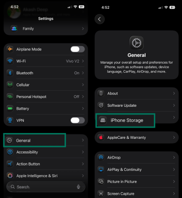 iPhone Settings screen showing General and iPhone Storage options highlighted.