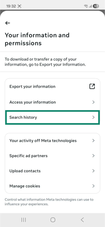 The "Your information and permission" window in the "Accounts Center" menu on the Android Facebook app. The "Search history" option is highlighted.