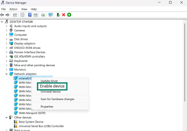Windows' Device Manager with a highlighted "Disable device" option on one of the available network adapters.