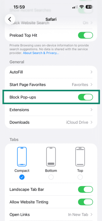 Setting Safari on iOS to block pop-ups.