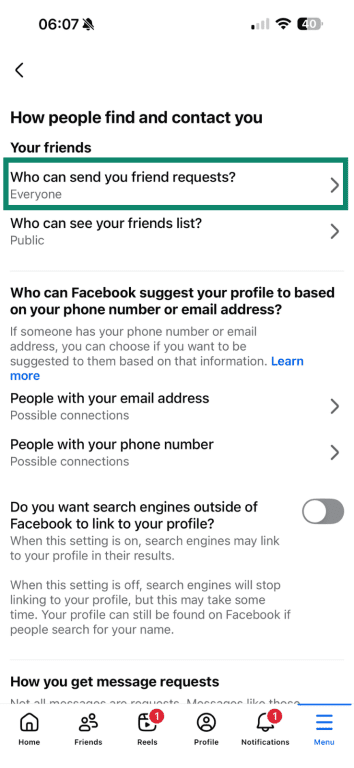 Facebook mobile menu with "How people find and contact you' highlighted.