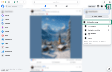 Facebook's desktop home page with the Settings & Privacy option highlighted.