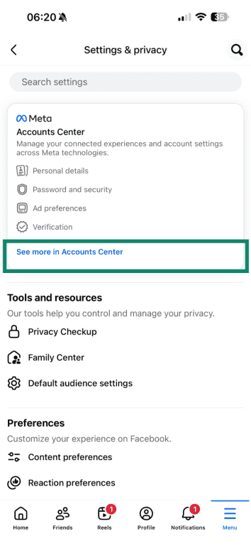The "See More in Action Center" option in Facebook's Settings & Privacy menu on mobile.