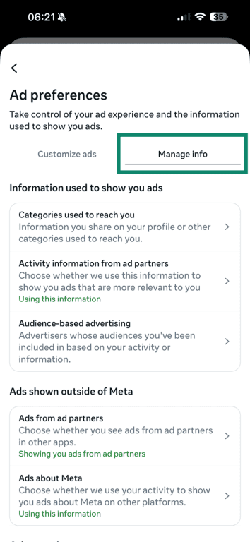 The "Manage Ads" tab on Facebook mobile.