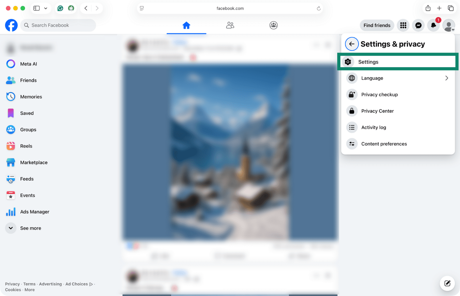 The Settings menu on the Facebook desktop website.