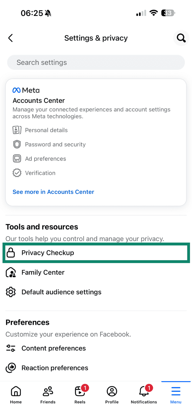 The Privacy Checkup menu item in Facebook's mobile settings.