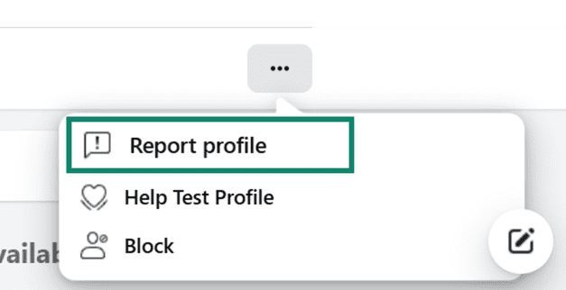 Dropdown menu opened from the three-dot icon, with the 'Report profile' option highlighted by a green box.