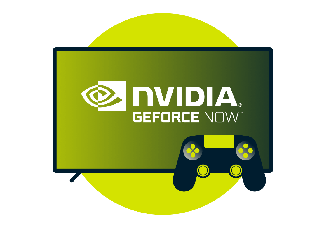 Nvidia GeForce Now logo op scherm met een controller