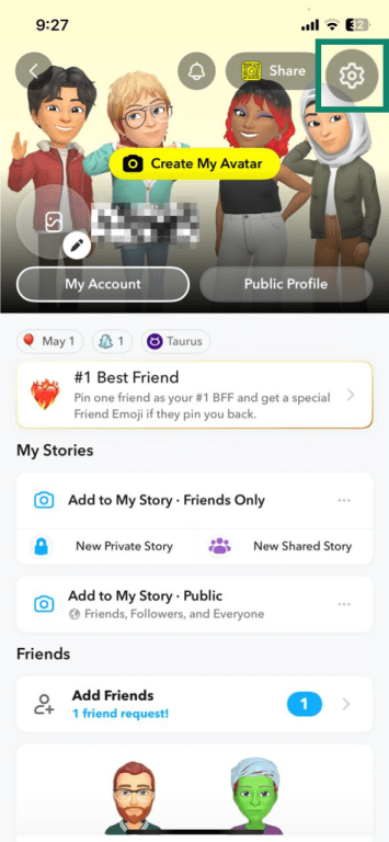 Snapchat app profile dashboard on iPhone, with the gear icon for Settings highlighted.