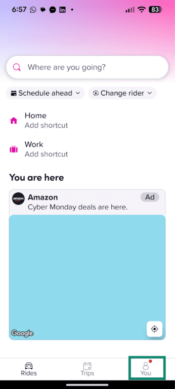 Lyft Android app showing Profile button on the bottom-right corner.