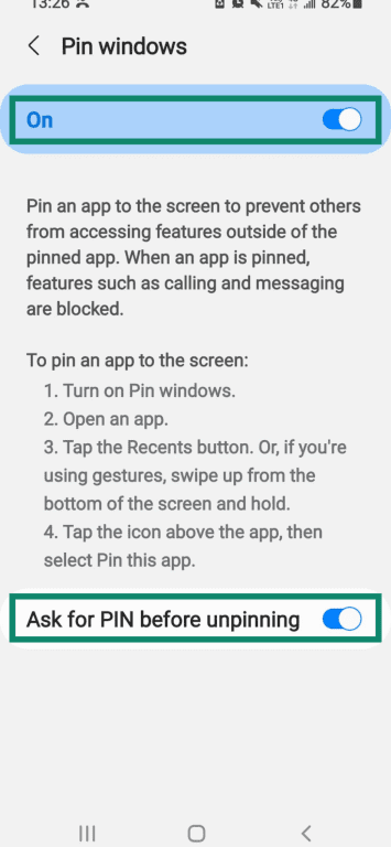 The Pin windows page, showing the option to require a PIN before unpinning