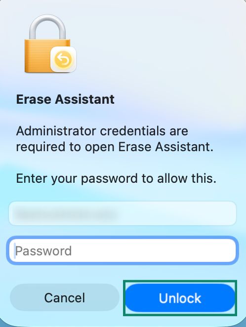 Erase Assistant password prompt with Unlock button highlighted.