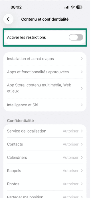Content & Privacy Restrictions screen with toggle switched off.