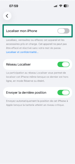 Find My iPhone settings screen showing the toggle switched off.