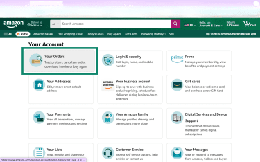 The Amazon account page highlighting "Your Orders."