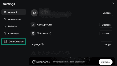Grok app Settings showing Data Controls option highlighted.