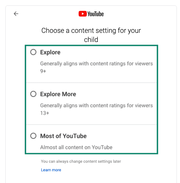 YouTube's content setting options for a supervised pre-teen account.