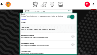 Privacy settings and parental controls on a child's profile on YouTube Kids.