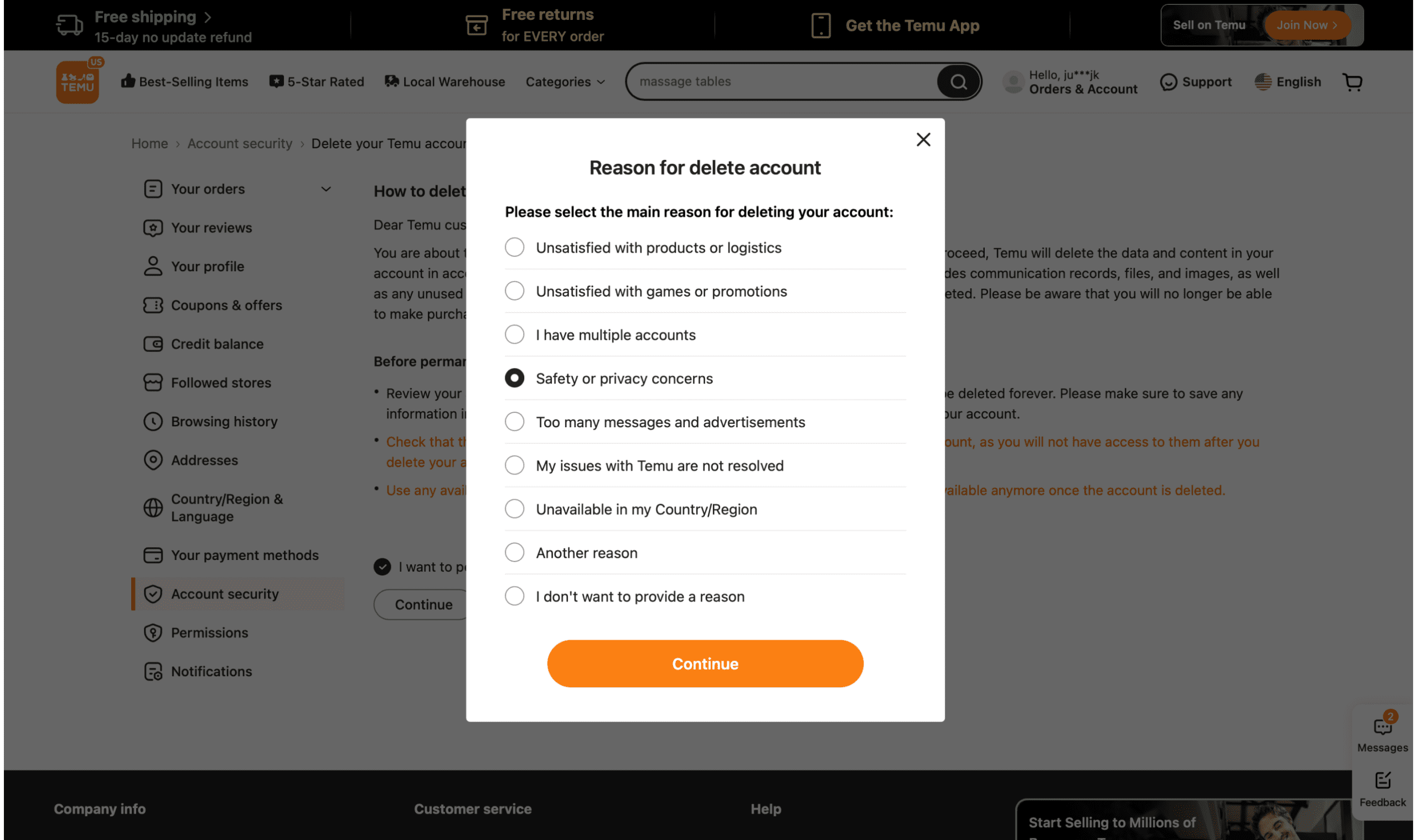 Temu website screen showing Reasons to delete account options.