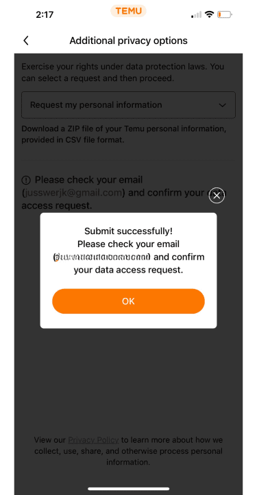 Temu privacy request confirmation screen.