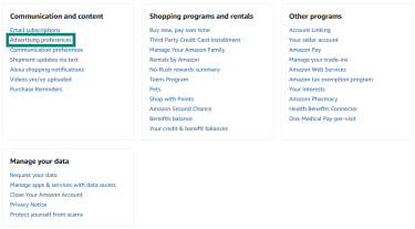 Part of the Amazon account settings menu. The "Advertising preferences" option is highlighted.