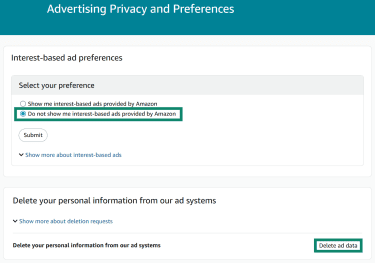 The "Advertising Privacy and Preferences" page inside the Amazon account settings. The "Do not show me interest-based ads provided by Amazon" option and "Delete ad data" button are highlighted.