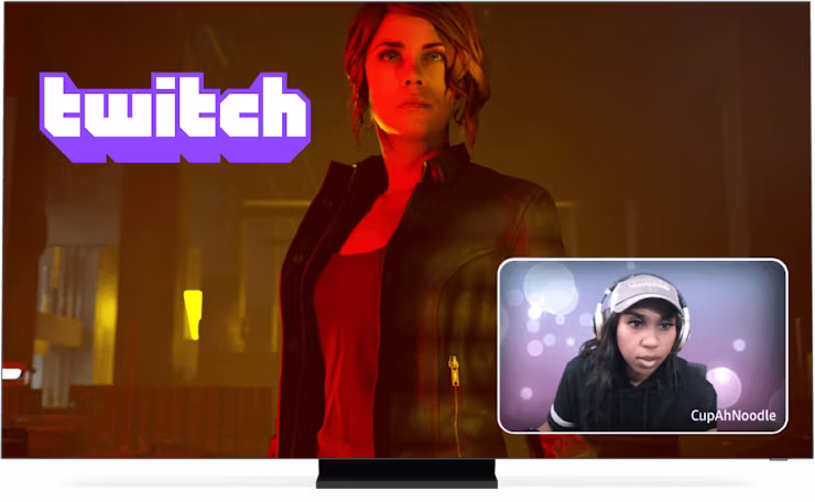 Twitch-Logo, Spiel und Streamer auf dem Bildschirm.